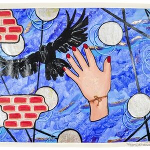 Vibrant Blue and Red Hand-Crow Painting